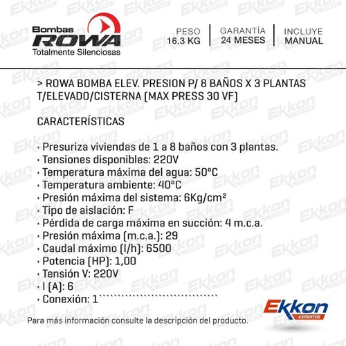 Bomba Elevadora Presurizadora Max Press 30 Vf 8 Baños Rowa
