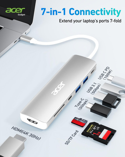 Acer Usb C Dock, 7 En 1 Usb C A Hdmi Hub, 2 Usb 3.1 Gen1 Y P
