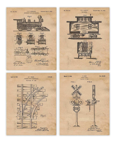 Vintage Railroad Train Patent Prints, Set Of 4 (8x10) Unfra.