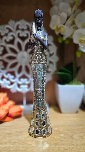 Escultura Mujer Africana Esbelta 33cm Elemento Etnico Deco Dorado