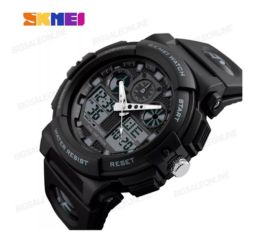 Reloj pulsera Skmei 1270 de cuerpo color negro, analógico-digital, para hombre, fondo negro, con correa de poliuretano color negro, agujas color gris y blanco, dial gris, subesferas color gris y negro, minutero/segundero gris, bisel color negro, luz celeste y hebilla simple