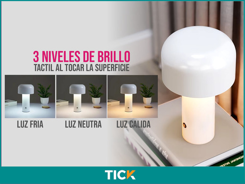 Lampara Velador Led Hongo Tick Recargable Usb Tactil Dimmer Mushroom Inalambrica Color: Blanco