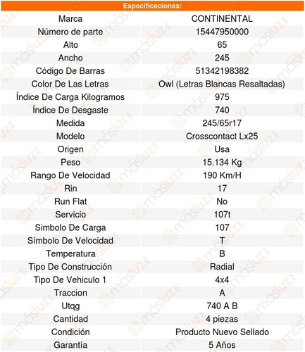 Set 4 Llantas 245/65r17 107t Continental Crosscontact Lx25