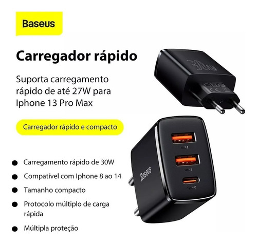 Carregador Turbo 30w Baseus Triplo Usb iPhone 14 + Cabo 1m Cor Preto
