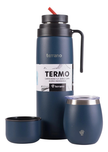 Set Termo Con Manija 1 Lt.+mate Tradicional En Acero Terrano