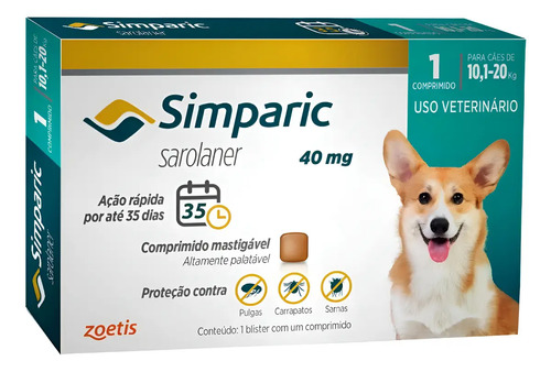 Simparic Zoetis 40 Mg 10,1 A 20 Kg 1 Unidade