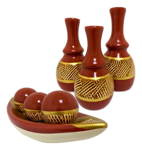 Conjunto Enfeite Ceramica Trio Vasos Centro Mesa Decorativo Cor Cristal Terracota