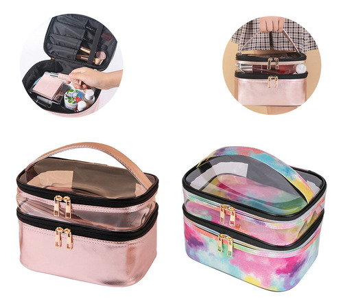 Neceser Maquillaje Viaje Doble Portátil Impermeable Bolsa Rosa Dorado
