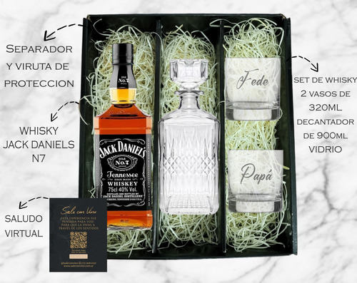 Box Jack Daniels N7 Whisky + Decantador + 2 Vasos Grabados