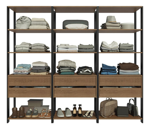Guarda-roupa Closet 6 Gav 12 Prat 210cm Valencia Madesa Rp Cor Rustic/Preto