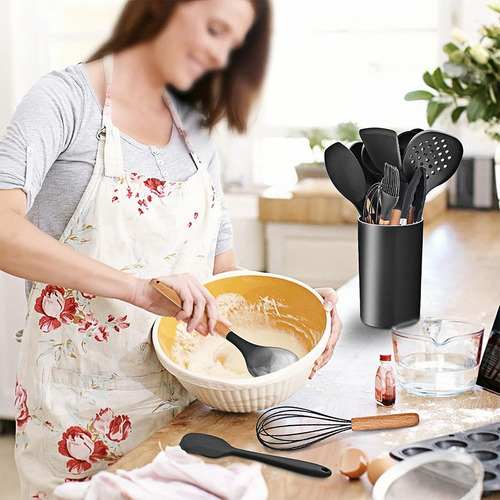 Juego De 12 Utensilios Cocina Silicona Con Espátula Madera Rojo