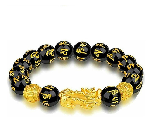 Pulsera Original Feng Shui Piedras Obsidiana Pixiu Oro