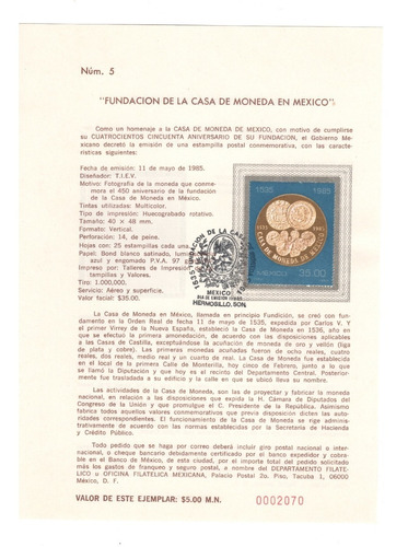 Estampilla Casa De Moneda Carnet Primer Día  1985