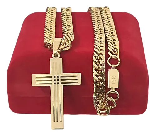 Corrente Masculina 70cm 8mm  + Cruz Banhada A Ouro 18k Top