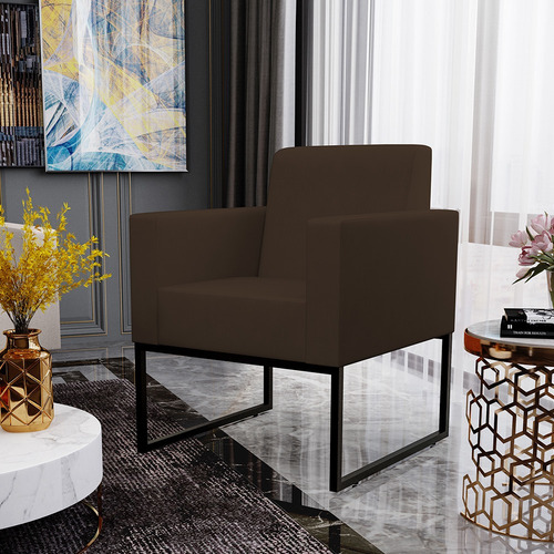 Kit 02 Poltronas Decorativas Sala e Recepção Base Fixa de Metal Helô L02 Suede Marrom
