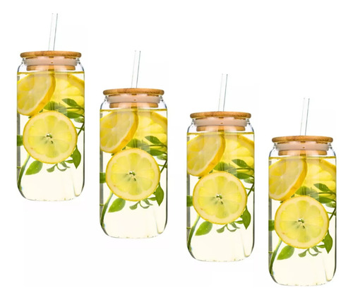 Nuevo Pack De 4vasos De Vidrio Con Tapa De Bambú +bombilla