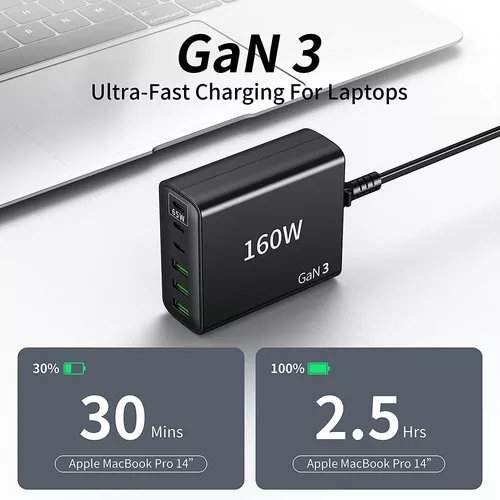 Cargador USB C de 160W, Cargador múltiple USB 【3USB-C + 3USB-A