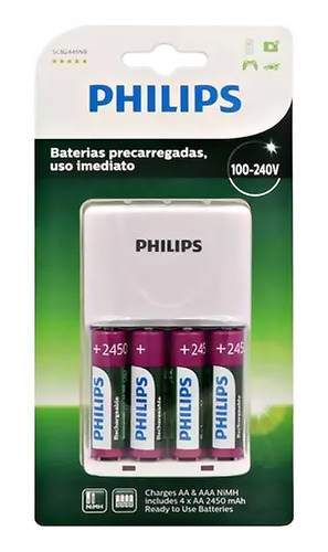 Kit 4 Pilhas Aa 2450 Bivolt Carregador Philips P/ Microfone