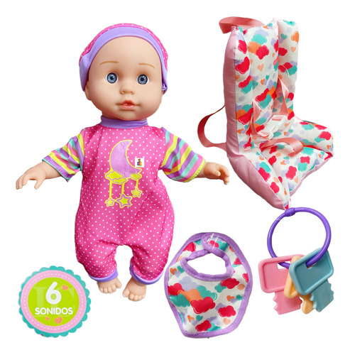 Muñeca Bebé Con Asiento Mochila 6 Sonidos Y Accesorios