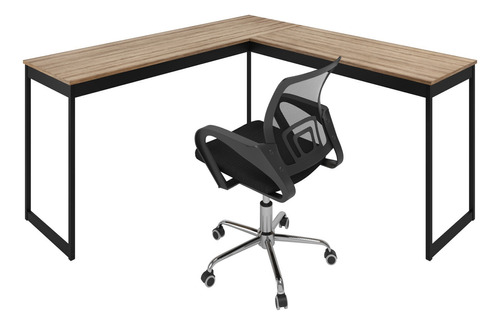 Mesa Em L Escrivaninha + Cadeira Escritório Giratória Set Cor Lamina e Cadeira Preta