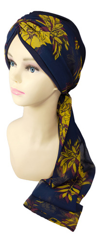 Turbante Gorro Para Mujer C/banda Oncológico Quimio. Algodon Color Azul Oscuro Con Amarillo