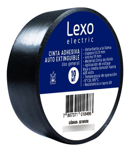 Cinta Electrica Auto Extinguible Negra 19mm. X 10mts - Lexo