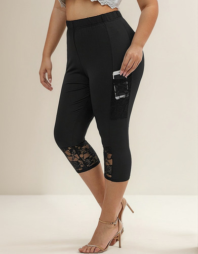 Legging Capris Con Dobladillo De Encaje De Guipur De Talla G