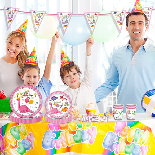 Vajilla De Fiesta De Dinosaurio Rosa Para 10 Personas