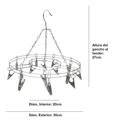 Tender En Acero Con 15 Pinzas O Broches Metálicos Tendedero