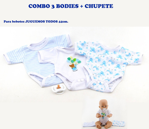 Combo 3 Bodies Y Chupete Para Bebotes Jt44cm -num3 Celestes