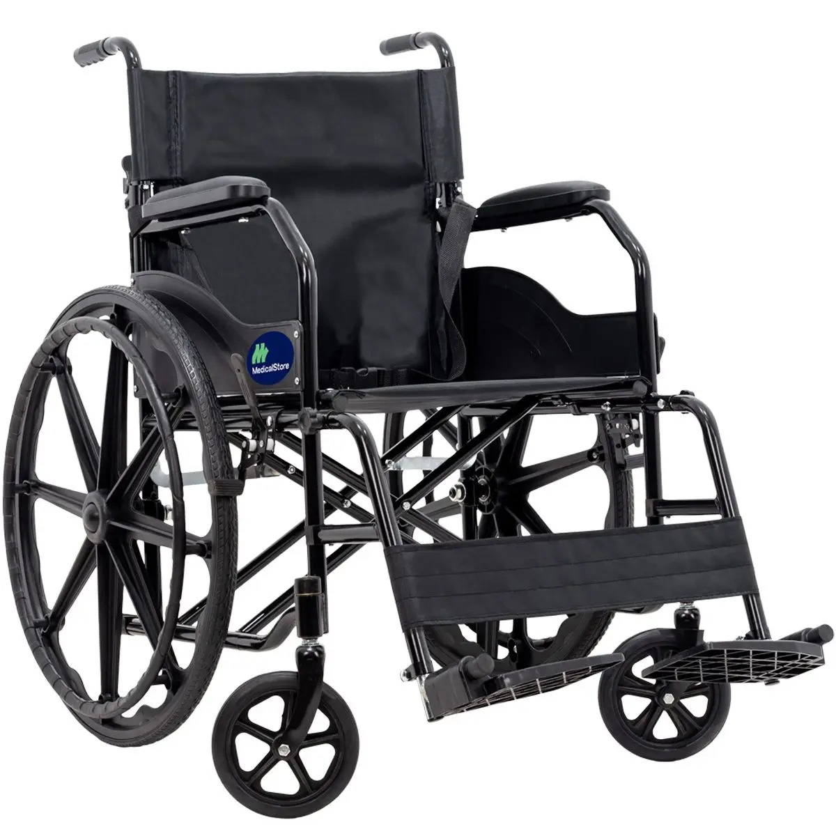 Imagen de Silla De Ruedas Plegable Acero Reforzada Descansabrazos Acojinados Respaldo Abatible Neumática Todoterreno Bolso Trasero Porta Objetos Color Negro