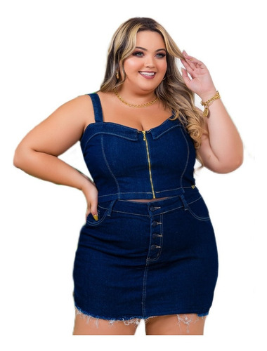 Conjunto Jeans Plus Size Short+blusa Look Grande Colecao 15