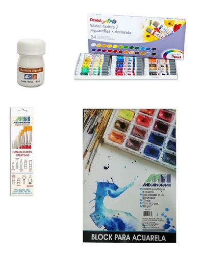 Kit De Pintar Acuarelas, Block, Pinceles Y Masking Liquido