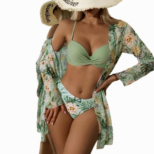 Conjunto Moda Praia Kimono Femenino + Biquini Levanta Bumbum