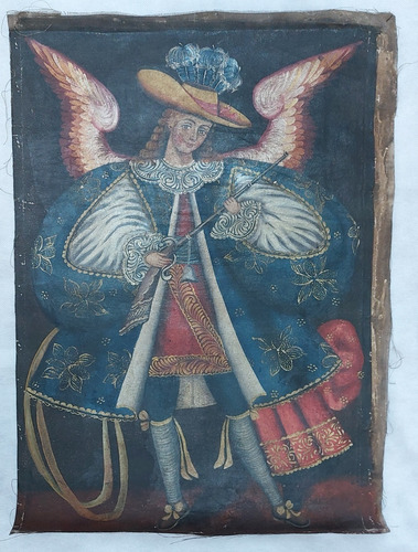 Pintura Sobre Lienzo Ángel Arcabucero Peruano 43 X 61 Cms.