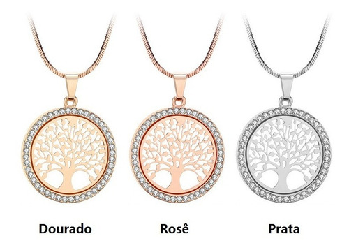Colar Pingente Árvore Da Vida Dourado F Ouro Ou Prata Strass Cor Rose