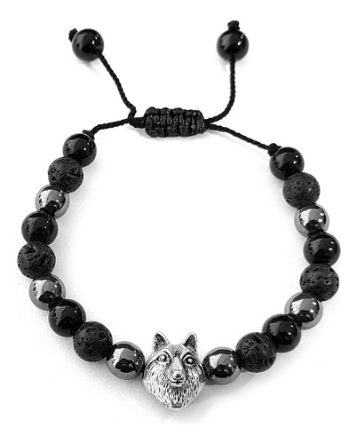 Pulsera Lobo Piedra Volcánica Hematita Onix Unisex + Estuche