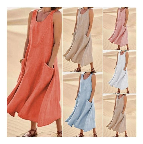 Vestido Casual De Mujer Color Liso Sin Mangas Algodón Lino