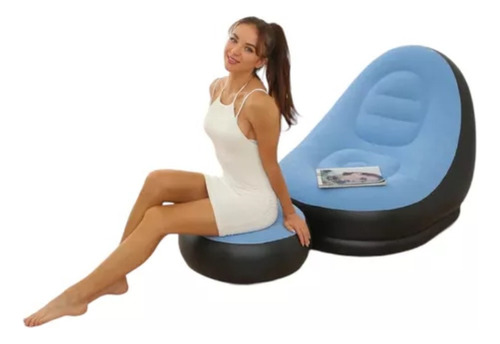 Sofa Puff Inflable Con Posapies Portatil - Celeste +inflador