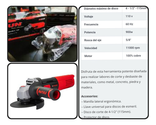 Esmeril Angular De 4-1/2 Motor 100% Cobre 900w Marca Run.