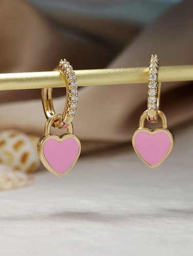 Pendientes Largos Zirconia Cúbica Con Corazón Rosa/unitalla