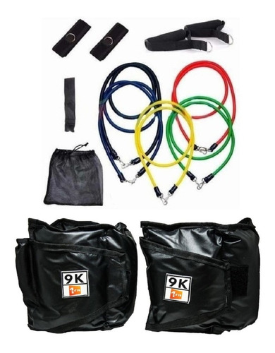 Kit Par De Caneleira De Peso 9kg +extensor Elástico 11 Peças