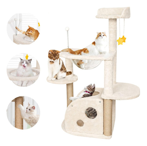 Pet King - Mueble Para Gatos Rascador Juguete Arbol Casa Esferas 105 Cm Color Beige Afelpado