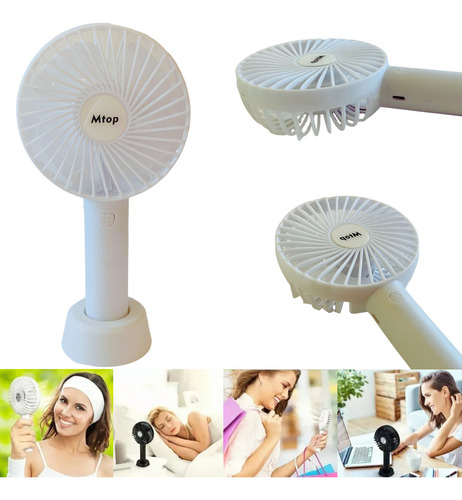 Mini Ventilador De Mano Portátil Recargable Por Usb Con Base Para Escritorio 3 Velocidades Color Blanco Marca Dosyu