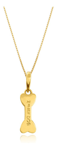 Pingente Osso Cachorro I Love My Dog + Corrente Em Ouro 18k