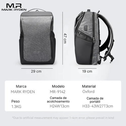 Mochila Premium Executiva Multifuncional Impermeável Compartimento Frontal Magnético Notebook 15.6 Com Usb Modelo Traveler Mark Ryden Cor Cinza Liso
