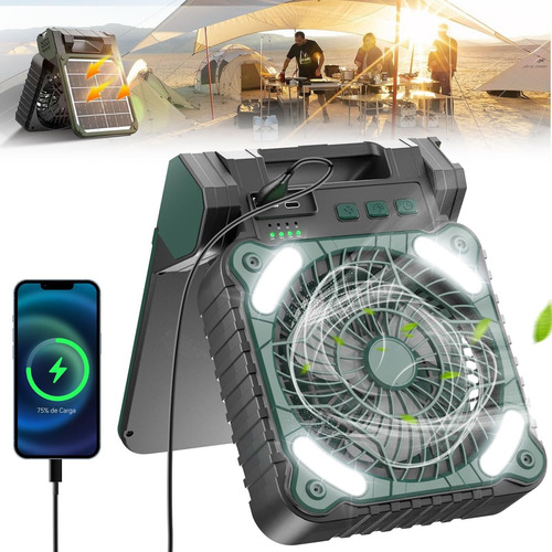 Ventilador Portátil Solar Y Usb Recargable 7800mah Con Led