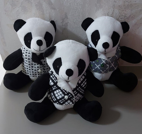 Trio 3 Ursos Panda 22cm Bicho Pelúcia Pequeno Modelo Sentado