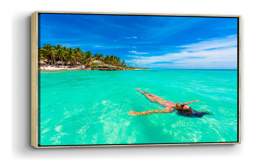 Cuadro Enmarcado Flotado Playa En Tulum 90x140cm Colores Champagne