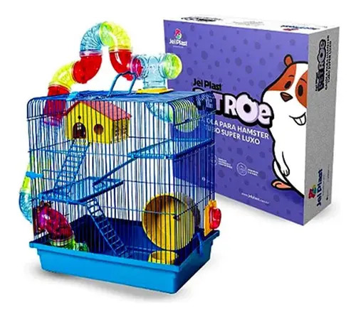 Gaiola Tubo Super Luxo 3 Andares Hamster Cor Azul